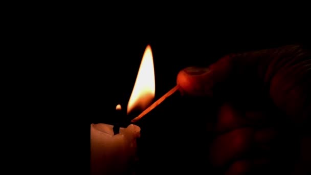 Man Hand Use Match Lit Candle — Stock video