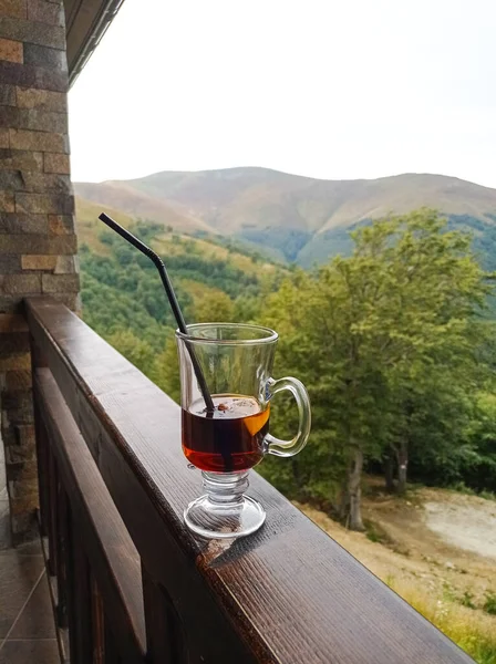 Mulled wine with the straw on the mountain background