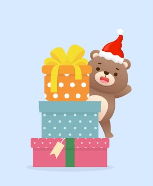 Oyuncak sevimli oyuncak ayı karakter maskotu hediye kutularıyla, mutlu noeller, vektör karikatür tarzı