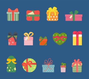 14 renkli hediye kutusu, çizgili, benekli, desenli, basılı, güzel kurdele, Noel hediyesi, doğum günü hediyesi, düğün hediyesi, vektör karikatür tarzında doğum günü veya düğün kutlaması