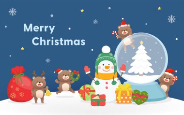 Noel tebrik kartı, sevimli oyuncak ayı kardan adam karakterli maskot mutlu bir kutlama, hediye kutulu kartopu, mutlu noeller ve yeni yıl, vektör karikatür tarzı