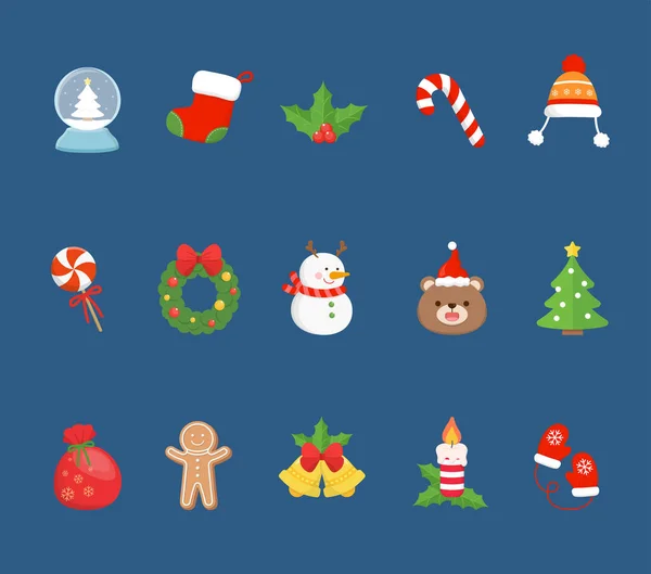 クリスマスの15の要素は 雪玉とテディベアとクリスマスツリーとクリスマスのストッキングウールミトンとグリーティングカード招待カードのためのベルの組み合わせクリスマスカード — ストックベクタ