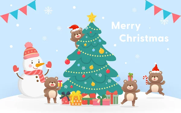 Weihnachtsgrußkarte Süßer Teddybär Mit Schneemann Maskottchen Glücklich Feiern Weihnachtsbaum Mit — Stockvektor