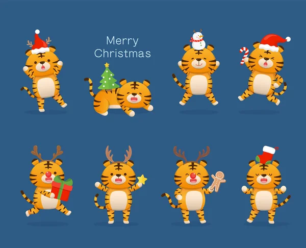 Set Cute Tiger Character Mascots Christmas Elements Costumes Happy Celebration — Stock Vector