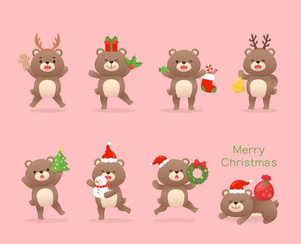 Set Cute Baby Bear Character Mascot Christmas Elements Dress Happy — Stock Vector