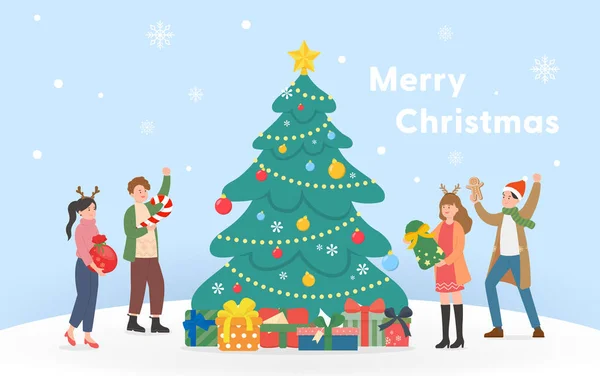 Glückliche Männer Und Frauen Die Weihnachten Feiern Weihnachtsbaum Mit Geschenkbox — Stockvektor