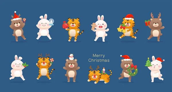 Set Cute Bear Rabbit Tiger Character Mascots Christmas Elements Dress — Stock Vector