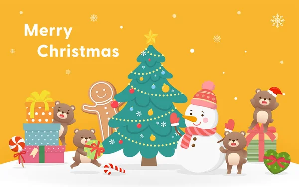 Orange Weihnachtskarte Süßer Teddybär Mit Schneemannfigur Maskottchen Glücklich Feiern Weihnachtsbaum — Stockvektor