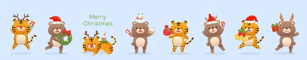 Niedliche Baby Bären Und Tiger Maskottchen Weihnachtskostüme Und Weihnachtliche Elemente — Stockvektor