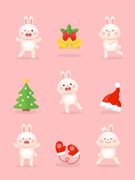 Cute Bunny Mascots Elements Christmas Christmas Tree Santa Hats Bells — Stock Vector