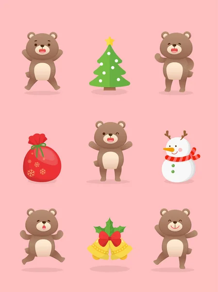 Cute Baby Bear Mascots Elements Christmas Christmas Tree Snowman Bells — Stock Vector