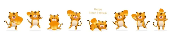 八只可爱的虎形吉祥物 橙色灯笼或天灯 中国传统新年或中秋节 — 图库矢量图片
