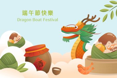 Çin Ejderha Botu Festivali geleneksel yemekleri: Zongzi, bambu yapraklarına sarılmış glüten pirinç, ejderha teknesi ve şarap, Çince çeviri: ejderha botu festivali