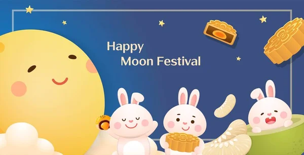 Sonbahar ortası festival afişi, sevimli ve şakacı tavşan maskot karakteri ay ve ay pastası ve pomelo