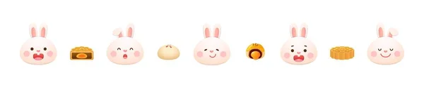 Set Cute Bunny Mascot Characters Traditional Food Dessert Mid Autumn — Stock Vector