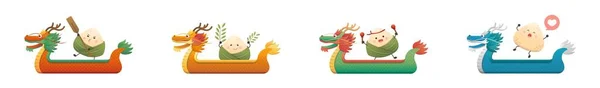 4ドラゴンボートの形と中国のドラゴンボートフェスティバル伝統的な食べ物 かわいいと遊び心のあるマスコットキャラクター — ストックベクタ