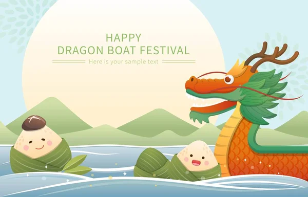 Cartaz Elementos Para Dragon Boat Festival Personagem Desenho Animado Mascote — Vetor de Stock