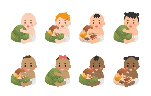 不同肤色的婴儿和中国端午节传统食品 用竹叶包裹的糯米食物 — 图库矢量图片