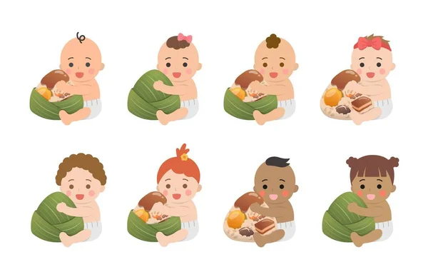不同肤色的婴儿和中国端午节传统食品 用竹叶包裹的糯米食物 — 图库矢量图片