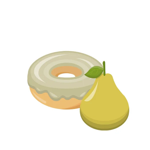 Αχλάδι Αρωματισμένο Ντόνατ Απομονωμένο Λευκό Φόντο Νόστιμο Επιδόρπιο Γλυκό Κερασάκι — Διανυσματικό Αρχείο