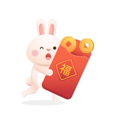 Şirin Tavşan Karakteri veya Maskot, Çin Yeni Yılı, Altın Sikkeler ve Kırmızı Kağıt Torba, Tavşan Yılı, Vektör Çizgi Filmi Tarzı, Çince Çeviri: