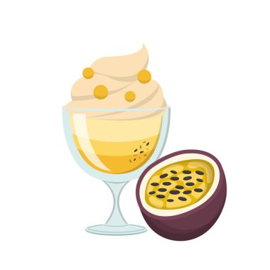 Tutkulu meyve aromalı meyveli dondurma ve beyaz arka planda izole edilmiş cam bardak.