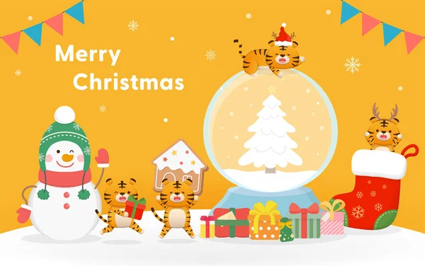 Orange Weihnachtsgrußkarte Niedliches Tiger Und Schneemannmaskottchen Schneeball Und Geschenkschachtel Frohe — Stockvektor