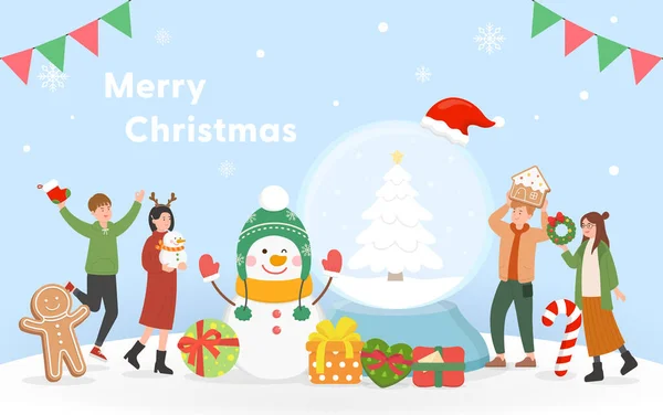 Glücklicher Mann Und Frau Die Weihnachten Feiern Weihnachtsbaum Mit Schneeball — Stockvektor