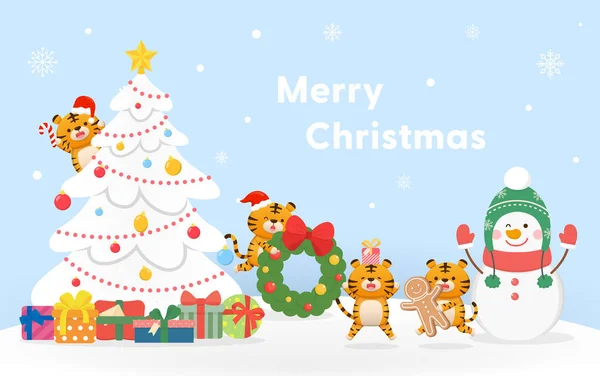 Weihnachtsgrußkarte Niedliches Tiger Und Schneemannmaskottchen Weißer Weihnachtsbaum Mit Geschenkschachtel Weihnachten — Stockvektor