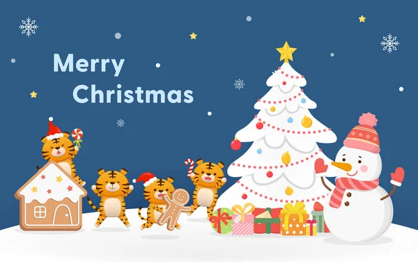 Christmas Greeting Card Cute Tiger Snowman Character Mascot White Christmas — Stock Vector
