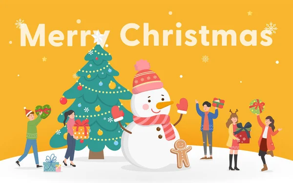 Happy Man Woman Celebrating Christmas Christmas Tree Gifts Snowman Christmas — Stock Vector