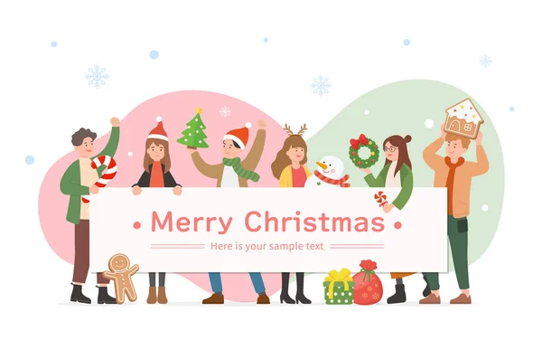 Happy Men Women Celebrating Christmas Horizontal Poster Merry Christmas New — Stock Vector
