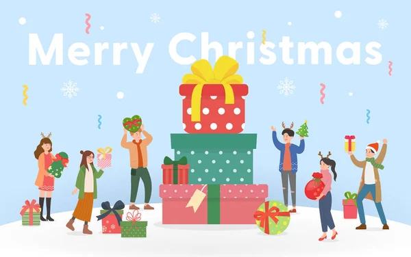 Glückliche Männer Und Frauen Die Weihnachten Feiern Gestapelte Geschenkboxen Frohe — Stockvektor