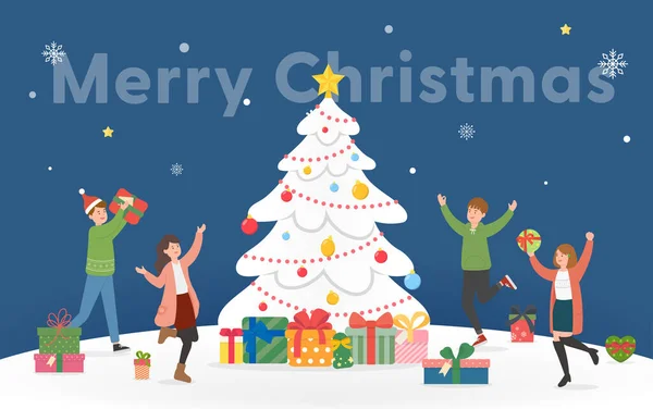 Happy Men Women Celebrating Christmas Christmas Tree Gifts Snowflakes Christmas — Stock Vector