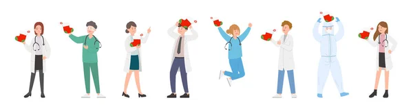 Erkek ve kadın sağlık görevlileri, doktorlar, bilim adamları ya da Noel çoraplı tıp uzmanları Noel 'i, vektör karikatür tarzını kutluyorlar.