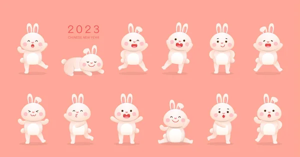 Cute White Bunny Baby Character Mascot Various Poses Mid Autumn — Stock Vector