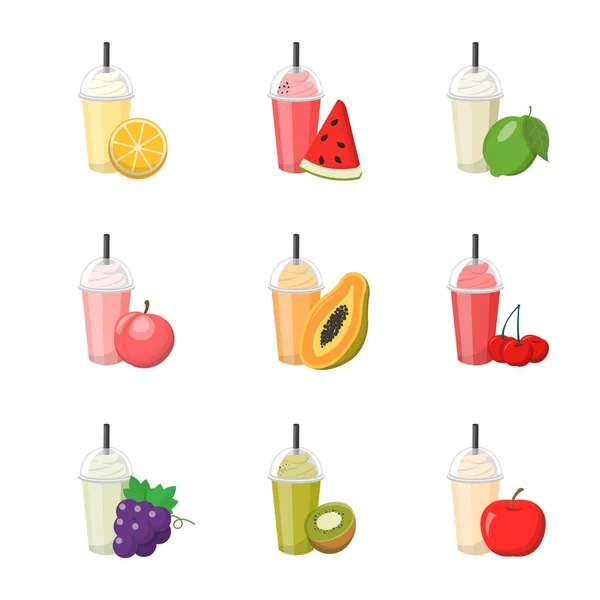 Conjunto Smoothies Frutas Coloridas Com Creme Isolado Fundo Branco Bebida — Vetor de Stock