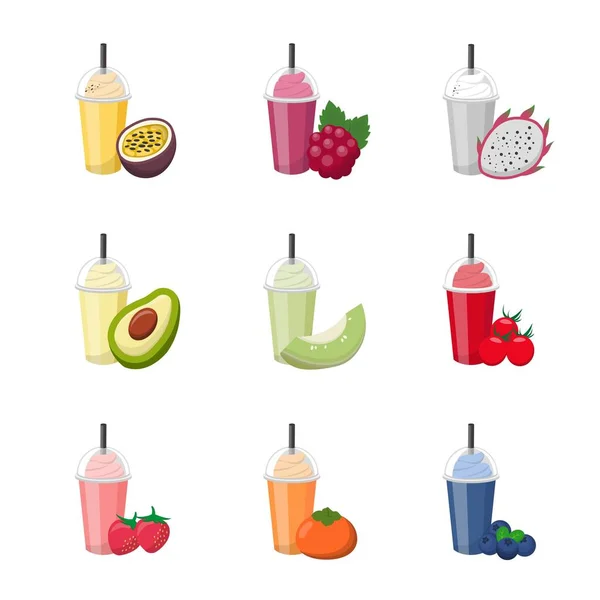 Conjunto Smoothies Frutas Coloridas Com Creme Isolado Fundo Branco Bebida — Vetor de Stock