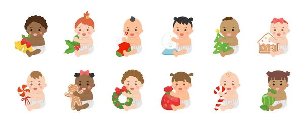 有圣诞或新年元素的一组快乐可爱的婴儿或幼儿 有姜饼的圣诞长袜 病媒卡通风格 — 图库矢量图片