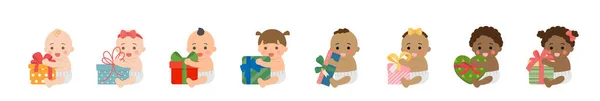 Ensemble Bébés Mignons Heureux Tout Petits Avec Des Boîtes Cadeaux — Image vectorielle