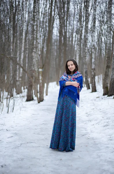 Girl Winter Forest Pavloposadsky Scarf Girl Walks Winter Forest Blue — стоковое фото