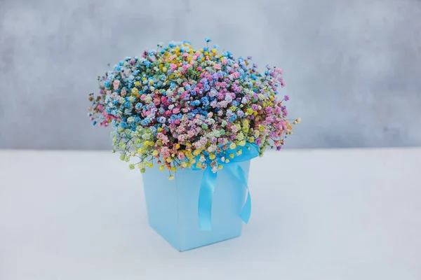 Bouquet Multi Colored Gypsophila Blue Box Bow Gray Background Royalty Free Stock Images