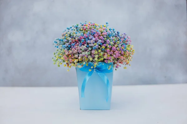 Bouquet Multi Colored Gypsophila Blue Box Bow Gray Background Stock Photo