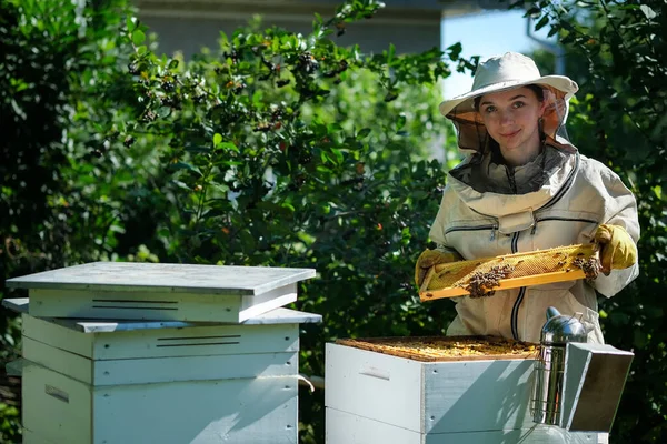 若い女性養蜂家はハニカムで木製のフレームを保持します 蜂蜜を集めろ 養蜂の概念 — ストック写真