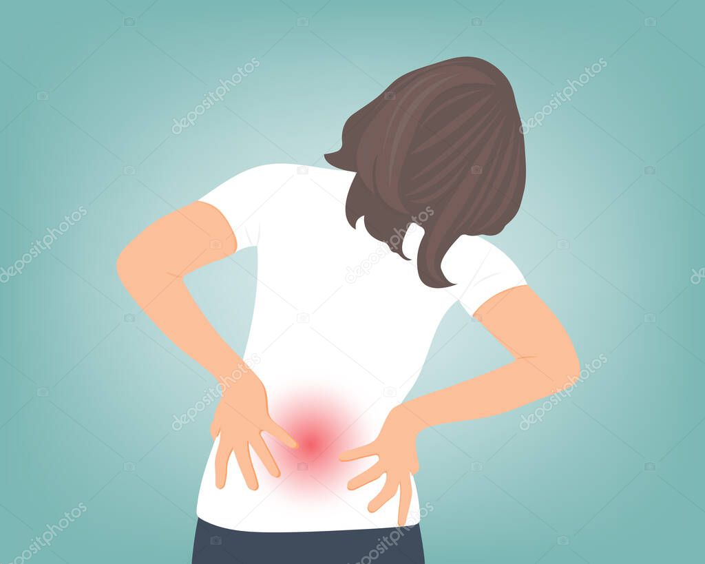 Young woman with back pain, musculoskeletal health problems. Vector illustration.
