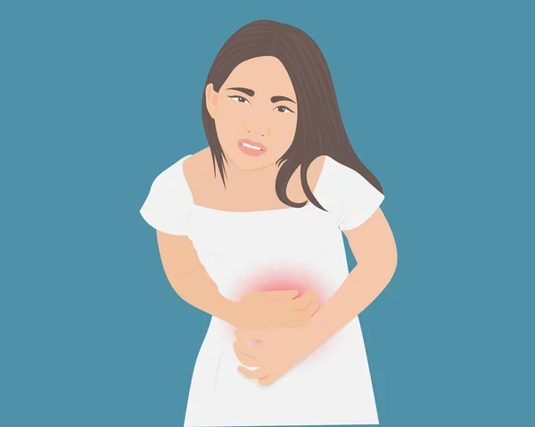 年轻女子因肚子痛 食物中毒或月经痛而将手放在肚子上 保健概念矢量说明 — 图库矢量图片