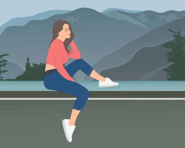Μια Νεαρή Γυναίκα Κάθεται Και Αναπνέει Φρέσκο Αέρα Στο Βουνό — Διανυσματικό Αρχείο
