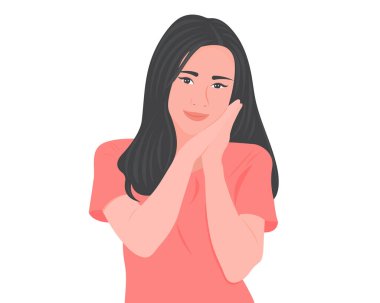 Dünyaya iyimserlikle bakan güzel bir kadın hayatımı sevgi dolu kalbimde geçirmekten mutlu. Vektör illüstrasyonu.