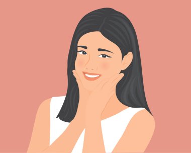 İleriye bakan güzel bir kadın. İnsanlara mutlu gülücükler yollamak. Vektör illüstrasyonu.