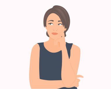 Güzel bir kadın soruyu düşünüyor, merak ediyor ve analiz ediyor. Vektör illüstrasyonu.